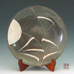 Decorative Porcelain Plate with Moon and Reed Sgraffito Design in Brown 