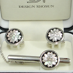 Necktie Clip and Mens Cufflinks Set with Mother of Pearl Pear Blossom 