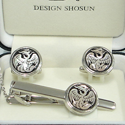 Wedding Cufflinks and Tie Clip Set with Mother of Pearl Phoenix Design