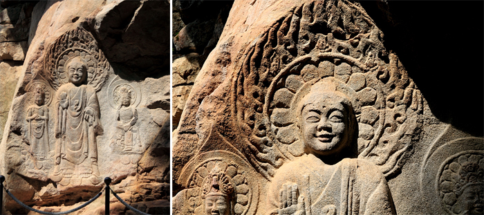 Rock-carved triad Buddha statue of Korea
