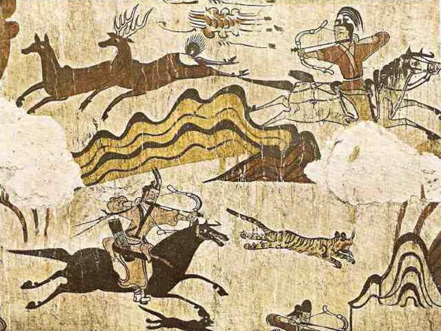 Ancient Goguryeo tomb wall painting of hunting scene