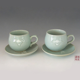 Set of 2 Celadon Ceramic Cups and Saucers with Orchid Design