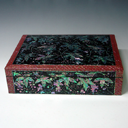 Mother of Pearl Black and Red Lacquer Wood Document Box with Grapes 