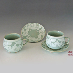 Set of 2 Celadon Ceramic Cups and Saucers with Arabesque Design