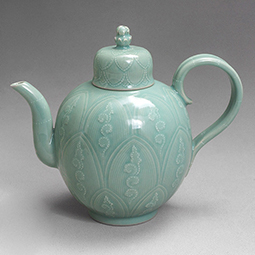 Celadon Pottery Tea Pot with Carved in Relief Lotus Design 