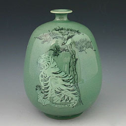 Celadon Green Pottery Water Bottle with Peony Design