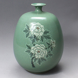 Celadon Green Porcelain Water Bottle with Peony Design