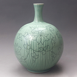Celadon Porcelain Water Bottle with Arabesque Design