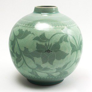 Celadon Ceramic vase Inlaid with Green Peony Design