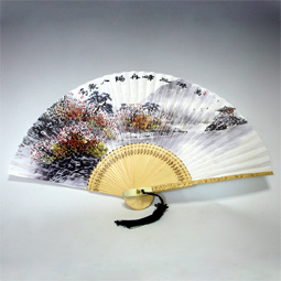 Asian Hand Fan with Autumn Landscape Painting of Lake 