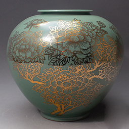 Celadon Ceramic Jar from Korea Inlaid with Gilt Peony Flower Design