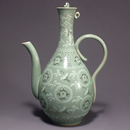 Porcelain Kettle with Celadon Green Clouds and Cranes Patterns 