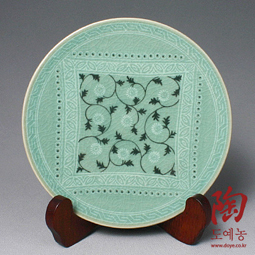 Celadon Green Porcelain Side Dish Plate Inlaid with Arabesque Design