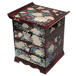 Mother of Pearl Inlay Red Wood Drawer Jewelry Box with Peony Design