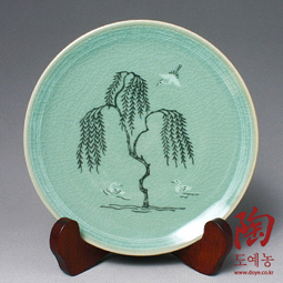 Celadon Green Porcelain Dinner Plate inlaid with Willow Design