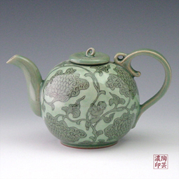 Porcelain Kettle with Celadon Green Grapes and Boy Motif