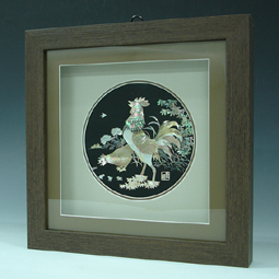 Mother of Pearl Rooster and Hen Carving in Frame 