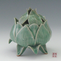 Cone Incense Burner Celadon Green Ceramic with Lotus Flower Design