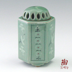 Bottle Incense Burner Celadon Green Ceramic with Flower and Bird 