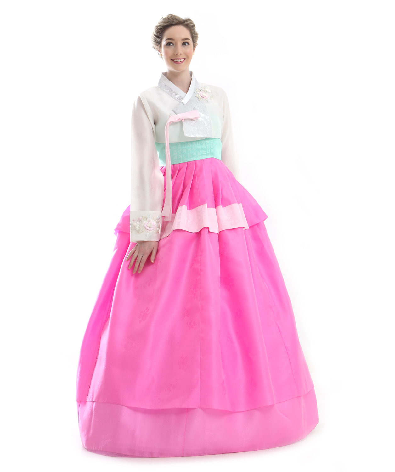 Custom Made Faux Silk Pink White Party Full Length Hanbok Korean Dress ...