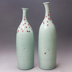 Korean Celadon Pottery Vase Set with Red Ume Flower Design