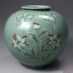 Celadon Pottery Vase with Red Copper Paint Peony Flower 