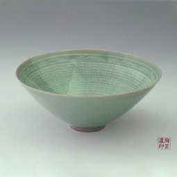 Celadon Pottery Tea Bowls with Stamped Woven Mat Design