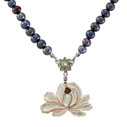 Mother of Pearl Lotus Flower Necklace with Saltwater Black Pearl Chain