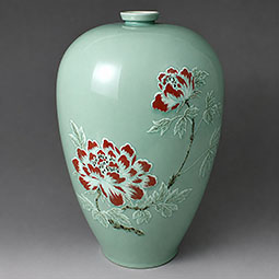 Korean Celadon Porcelain Vase with Embossed Peony Flower Design 
