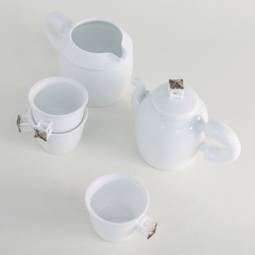 White Porcelain Tea Gift Set with Korean Pavilion Design
