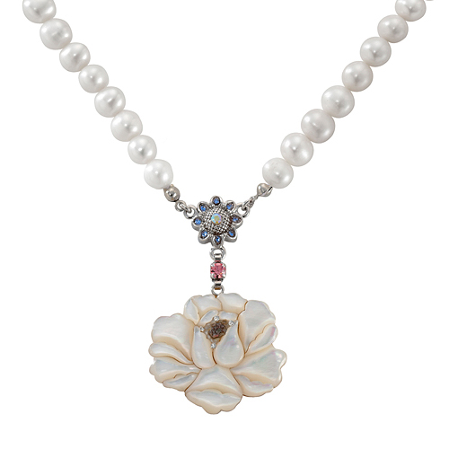 Mother of Pearl White Rose Necklace with Saltwater White Pearl Chain ...
